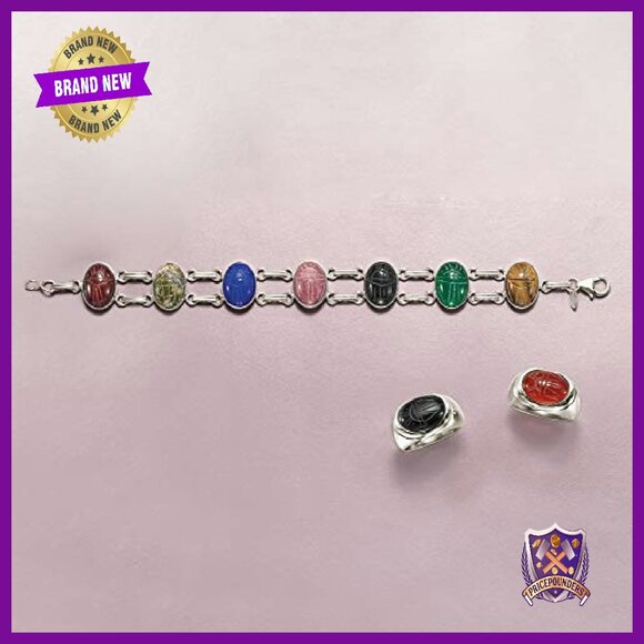 Sterling Silver Multi-Gemstone Scarab Bracelet, 7 Inch - Picture 7 of 8